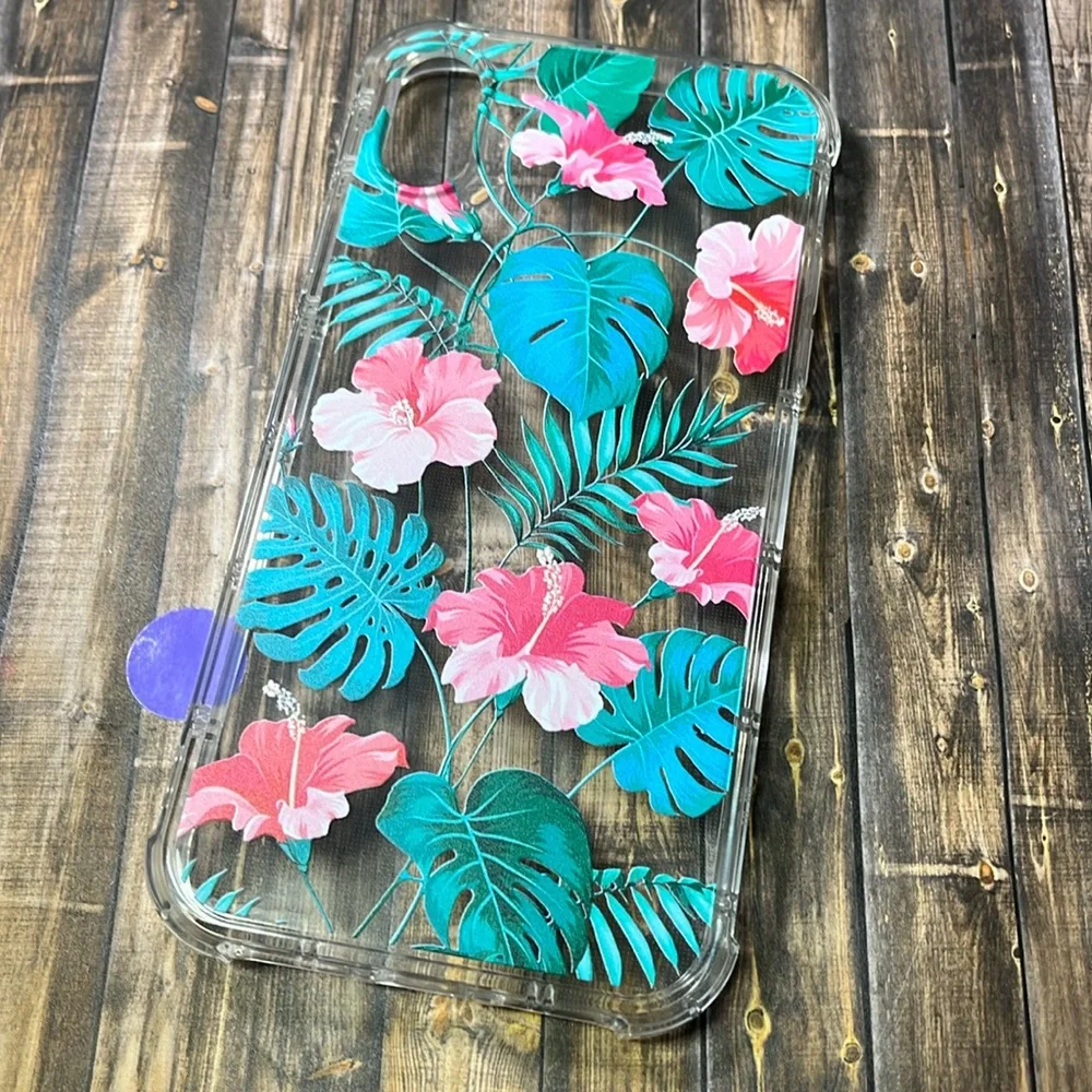 5for$10 Transparent Tropical Leafs With Pink Floral iPhone XR Phone Case NWT